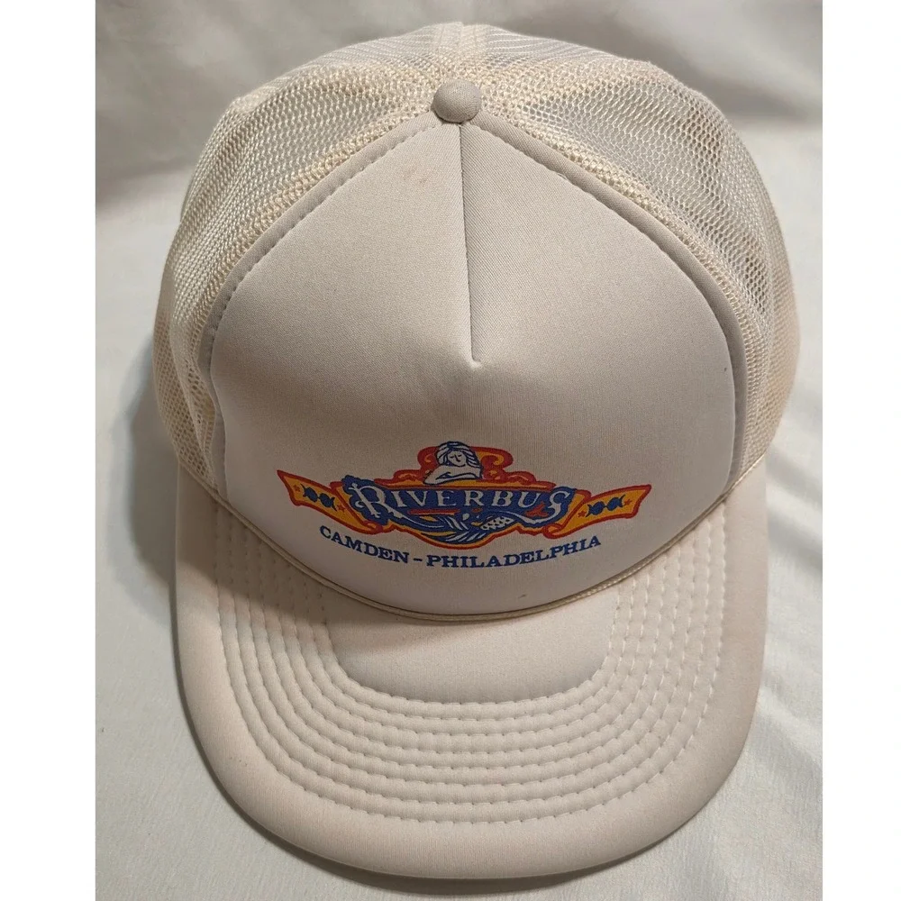 Vintage Riverbus Camden Philadelphia‎ Trucker Hat Snapback Cream Mesh Cap